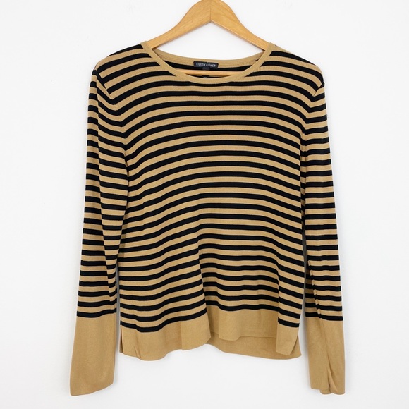 Eileen Fisher Sweaters - Eileen Fisher Tan Black Silk Blend Striped Sweater Size Medium